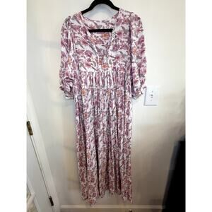 Boho Floral Maxi Dress Medium Pink Paisley Peasant Cottagecore Flowy Midi Maxi